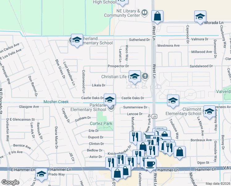 map of restaurants, bars, coffee shops, grocery stores, and more near 8623 Tam O'Shanter Drive in Stockton