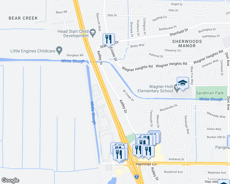 map of restaurants, bars, coffee shops, grocery stores, and more near 8731 Kelley Drive in Stockton