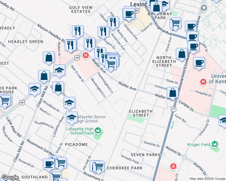 map of restaurants, bars, coffee shops, grocery stores, and more near 1545 Jacana Drive in Lexington