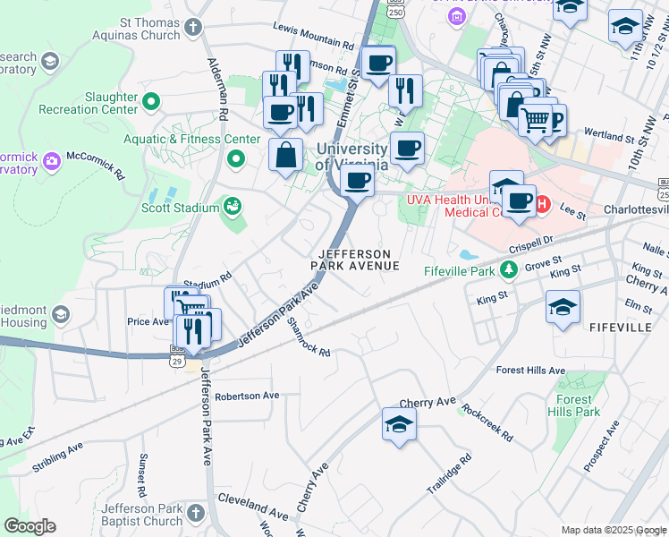 map of restaurants, bars, coffee shops, grocery stores, and more near 1718 Jefferson Park Avenue in Charlottesville