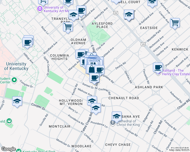 map of restaurants, bars, coffee shops, grocery stores, and more near 836 Euclid Avenue in Lexington