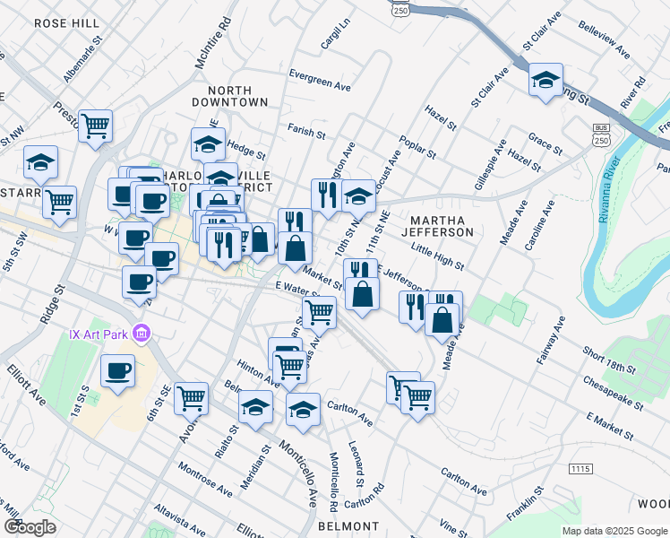 map of restaurants, bars, coffee shops, grocery stores, and more near 210 10th Street Northeast in Charlottesville