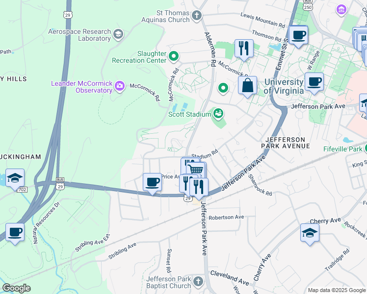 map of restaurants, bars, coffee shops, grocery stores, and more near 532 Floyd Drive in Charlottesville
