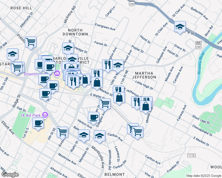 map of restaurants, bars, coffee shops, grocery stores, and more near 400 10th Street Southwest in Charlottesville