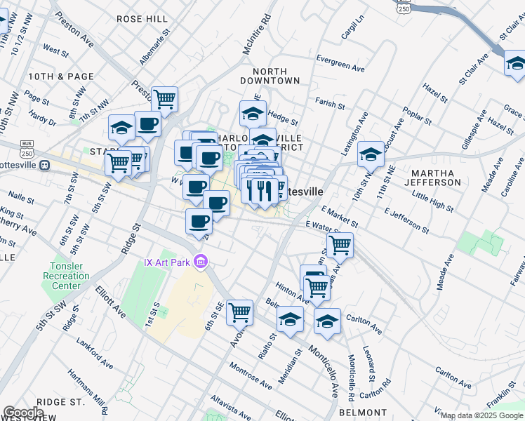 map of restaurants, bars, coffee shops, grocery stores, and more near 112 5th Street Southeast in Charlottesville