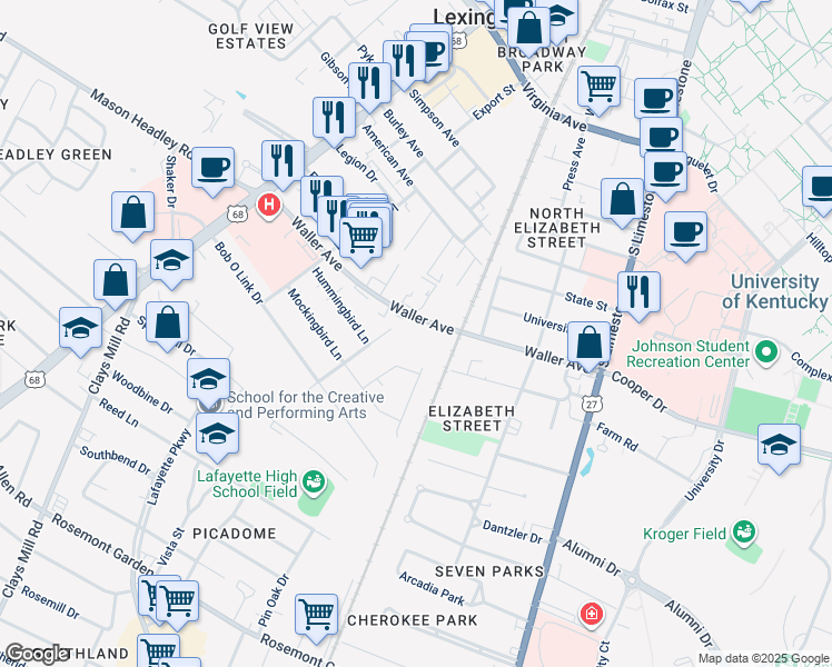 map of restaurants, bars, coffee shops, grocery stores, and more near 342 Waller Avenue in Lexington