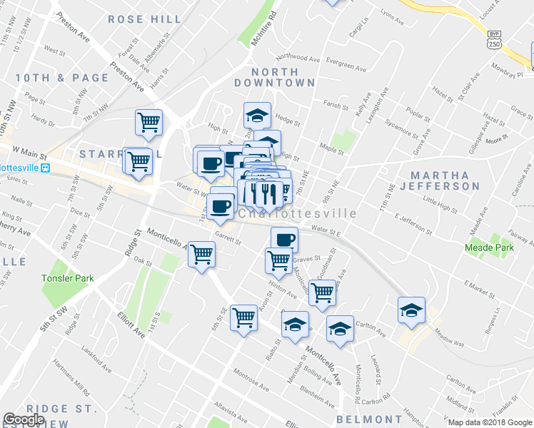 map of restaurants, bars, coffee shops, grocery stores, and more near 112 5th Street Northeast in Charlottesville