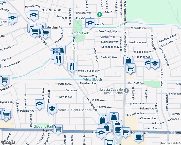 map of restaurants, bars, coffee shops, grocery stores, and more near 1316 Ponce De Leon Avenue in Stockton