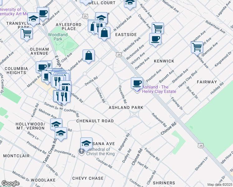 map of restaurants, bars, coffee shops, grocery stores, and more near 222 McDowell Road in Lexington