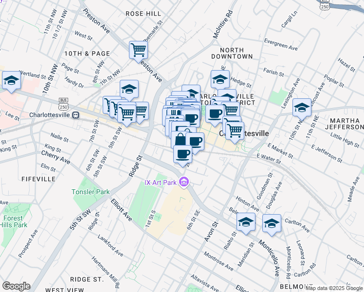 map of restaurants, bars, coffee shops, grocery stores, and more near 100 South Street East in Charlottesville