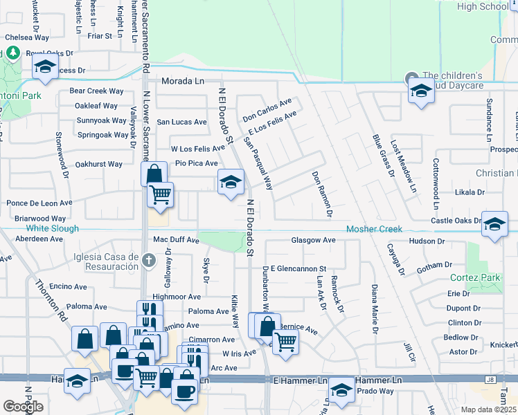 map of restaurants, bars, coffee shops, grocery stores, and more near 82 Martinique Court in Stockton