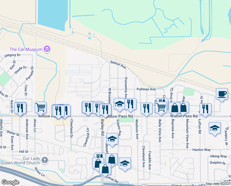 map of restaurants, bars, coffee shops, grocery stores, and more near 112 Solano Avenue in Bay Point