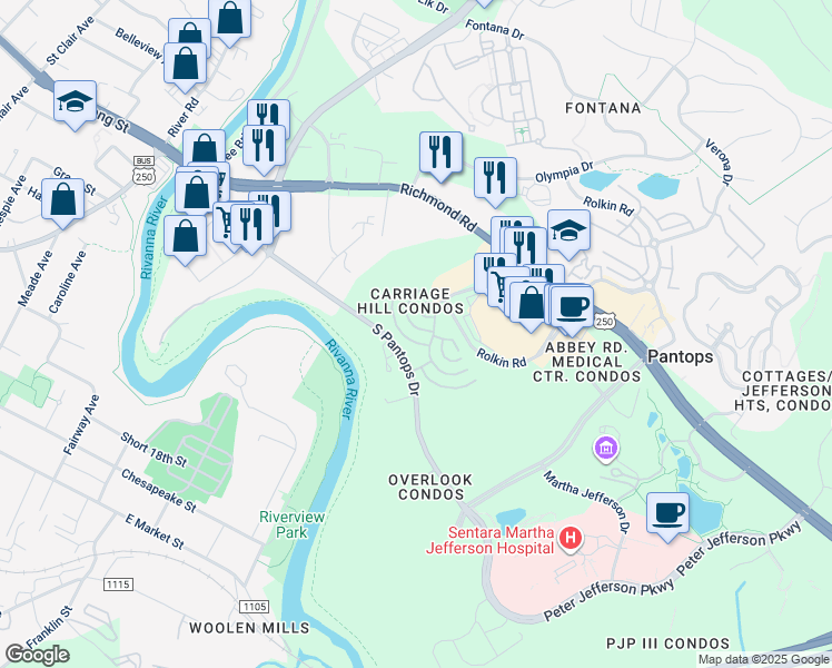 map of restaurants, bars, coffee shops, grocery stores, and more near 915 Dorchester Place in Charlottesville