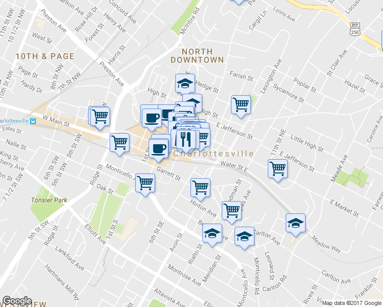 map of restaurants, bars, coffee shops, grocery stores, and more near 106 5th Street Southeast in Charlottesville