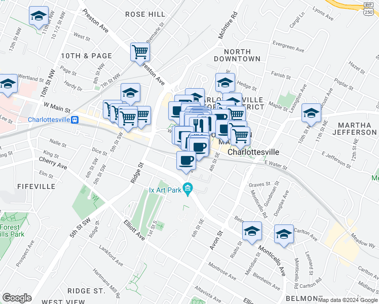 map of restaurants, bars, coffee shops, grocery stores, and more near 100 East Water Street in Charlottesville