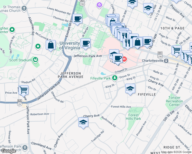 map of restaurants, bars, coffee shops, grocery stores, and more near 514 Brandon Avenue in Charlottesville