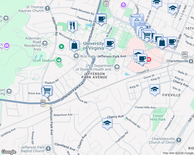 map of restaurants, bars, coffee shops, grocery stores, and more near 209 Valley Road in Charlottesville