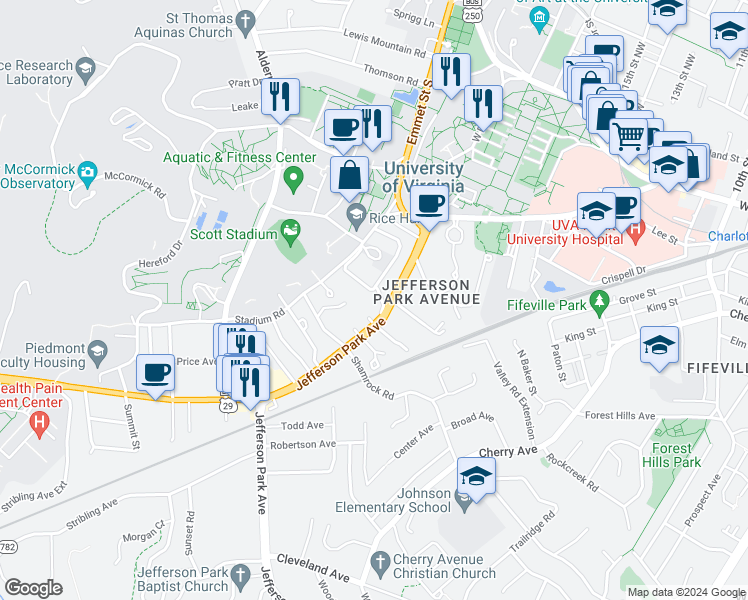 map of restaurants, bars, coffee shops, grocery stores, and more near 112 Montebello Circle in Charlottesville