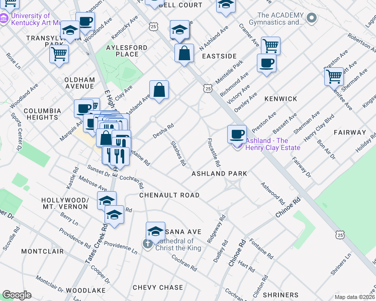 map of restaurants, bars, coffee shops, grocery stores, and more near 1109 Slashes Road in Lexington