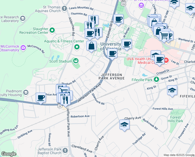 map of restaurants, bars, coffee shops, grocery stores, and more near 112 Montebello Circle in Charlottesville