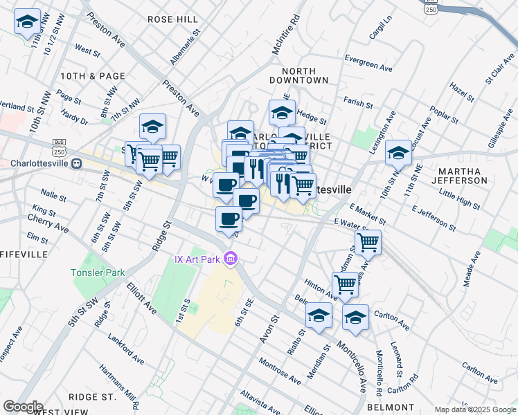 map of restaurants, bars, coffee shops, grocery stores, and more near 309 East Water Street in Charlottesville