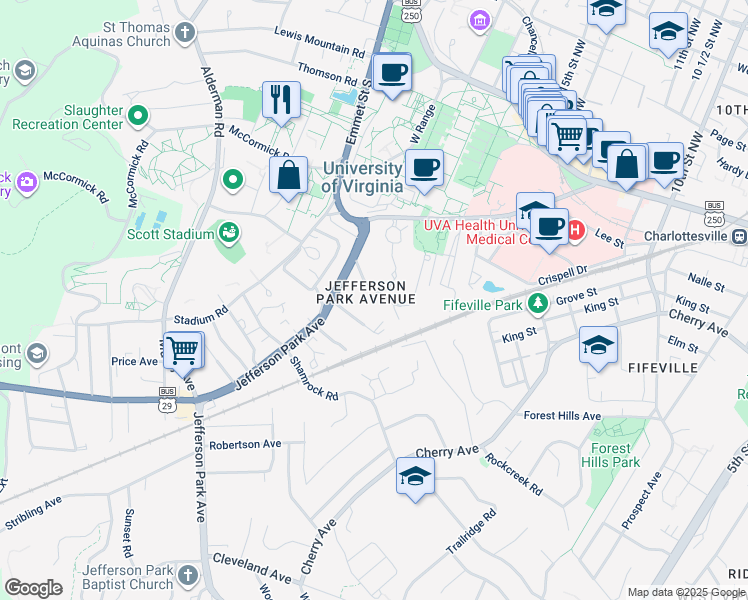 map of restaurants, bars, coffee shops, grocery stores, and more near 140 Valley Road in Charlottesville