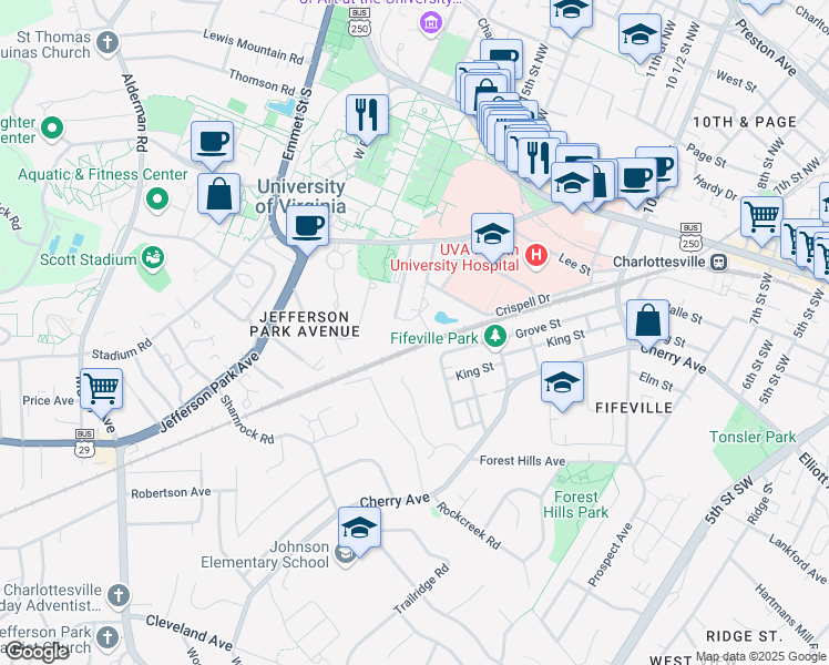 map of restaurants, bars, coffee shops, grocery stores, and more near 500 Monroe Lane in Charlottesville