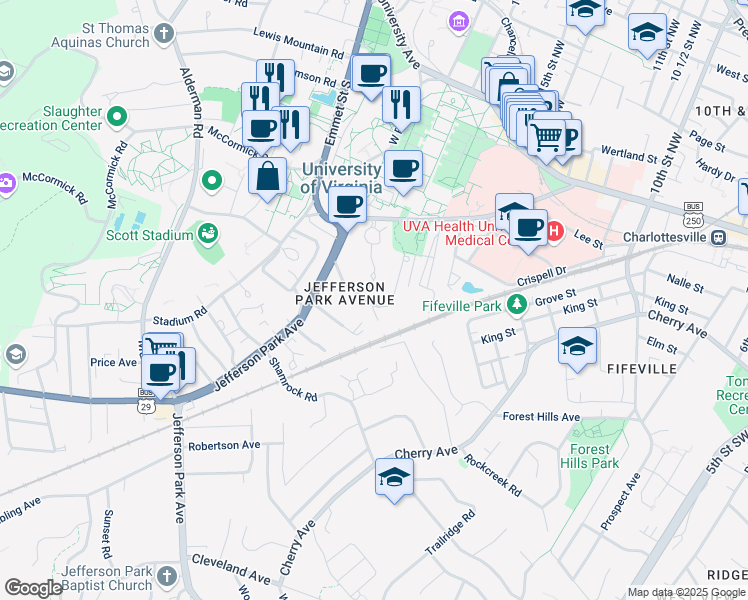 map of restaurants, bars, coffee shops, grocery stores, and more near 207 Valley Road in Charlottesville