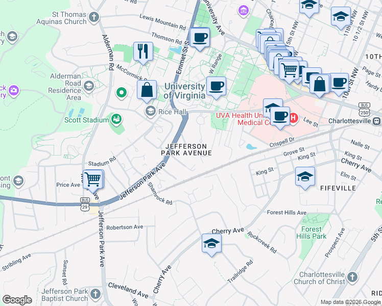 map of restaurants, bars, coffee shops, grocery stores, and more near 209 Valley Road in Charlottesville