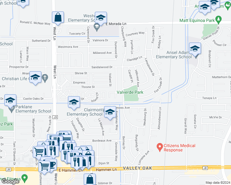 map of restaurants, bars, coffee shops, grocery stores, and more near 2299 Hollywood Drive in Stockton