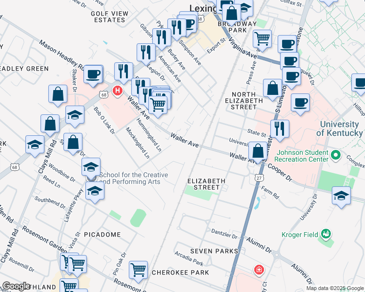 map of restaurants, bars, coffee shops, grocery stores, and more near 342 Waller Avenue in Lexington