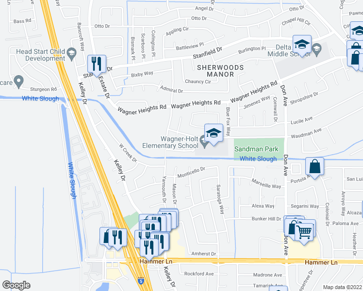 map of restaurants, bars, coffee shops, grocery stores, and more near 3025 Burl Hollow Drive in Stockton