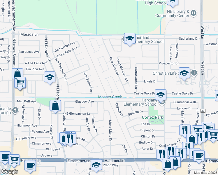 map of restaurants, bars, coffee shops, grocery stores, and more near 8716 Deer Creek Circle in Stockton
