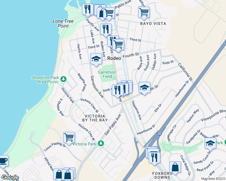 map of restaurants, bars, coffee shops, grocery stores, and more near in Rodeo