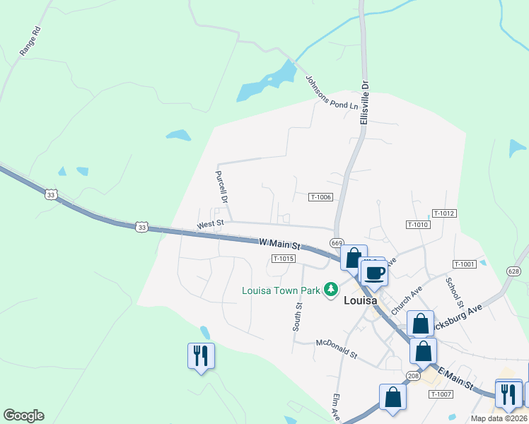 map of restaurants, bars, coffee shops, grocery stores, and more near 135 West Street in Louisa