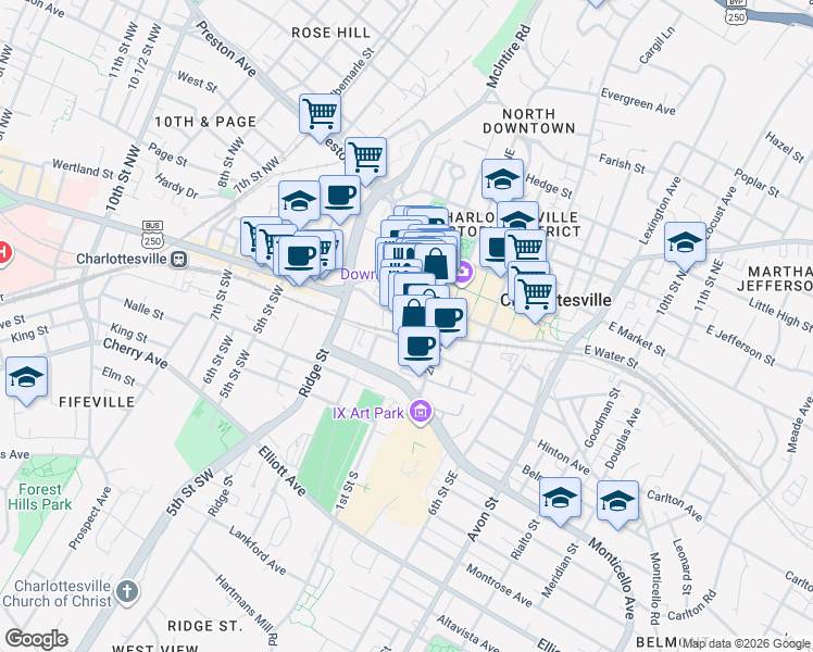 map of restaurants, bars, coffee shops, grocery stores, and more near 200 South Street West in Charlottesville