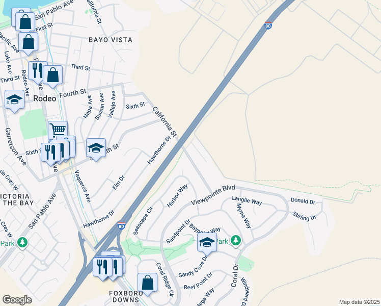 map of restaurants, bars, coffee shops, grocery stores, and more near 915 California Street in Rodeo