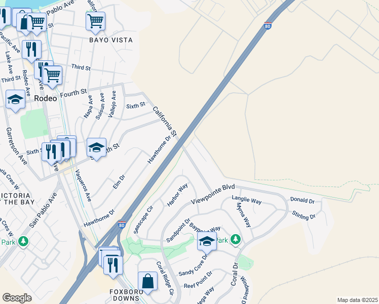 map of restaurants, bars, coffee shops, grocery stores, and more near 915 California Street in Rodeo