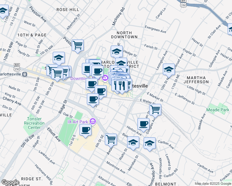 map of restaurants, bars, coffee shops, grocery stores, and more near 106 5th Street Southeast in Charlottesville