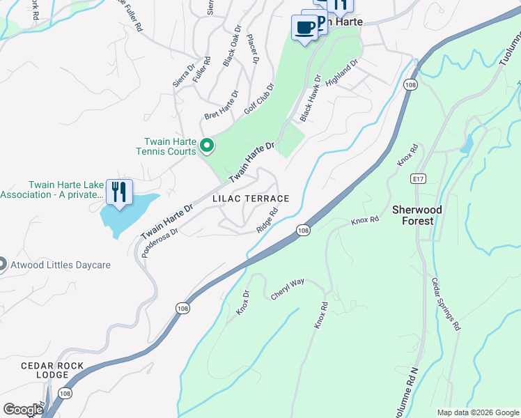 map of restaurants, bars, coffee shops, grocery stores, and more near 22443 Scenic Drive in Twain Harte