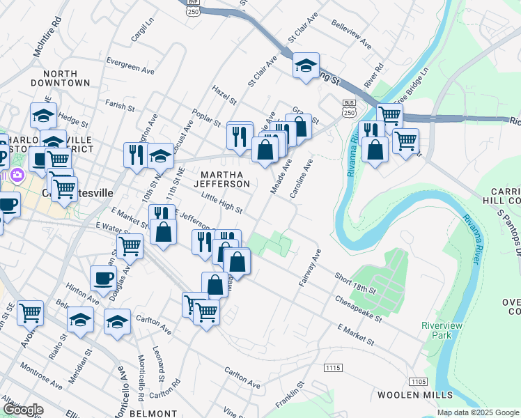 map of restaurants, bars, coffee shops, grocery stores, and more near 428 Meade Avenue in Charlottesville