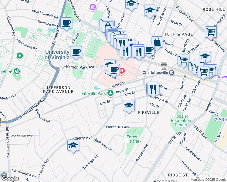 map of restaurants, bars, coffee shops, grocery stores, and more near 202 Spring Street in Charlottesville