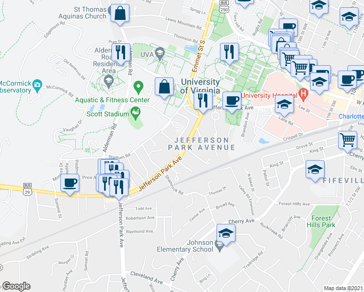 map of restaurants, bars, coffee shops, grocery stores, and more near 112 Montebello Circle in Charlottesville