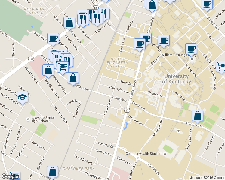 map of restaurants, bars, coffee shops, grocery stores, and more near 200 University Avenue in Lexington