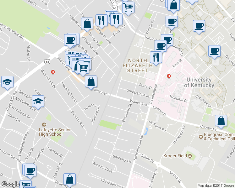 map of restaurants, bars, coffee shops, grocery stores, and more near 218 University Avenue in Lexington