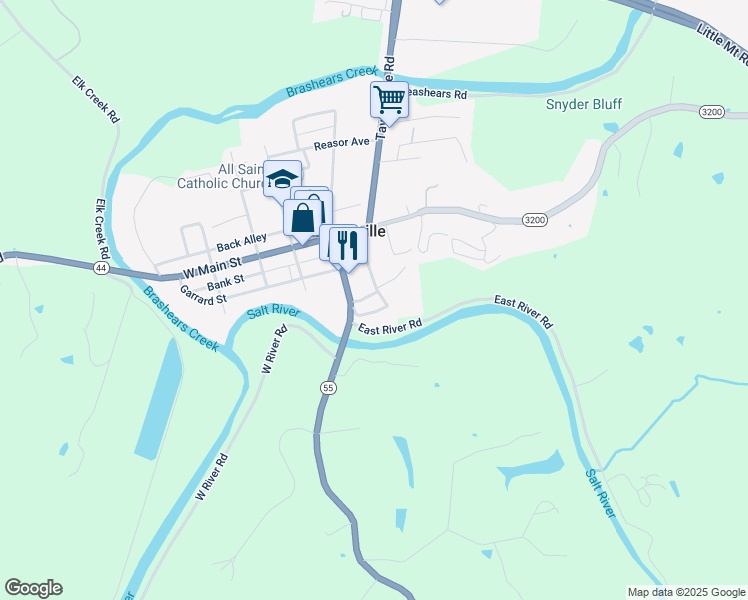 map of restaurants, bars, coffee shops, grocery stores, and more near 106 Hardin Street in Taylorsville