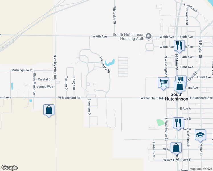 map of restaurants, bars, coffee shops, grocery stores, and more near 101 Friendship Road in South Hutchinson