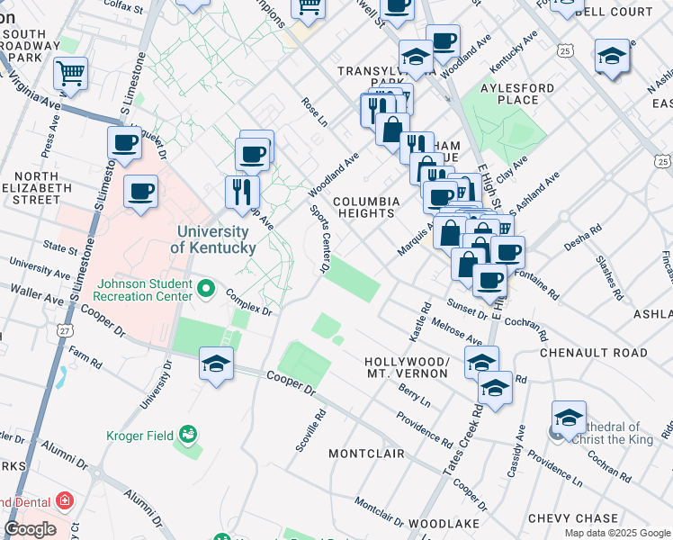 map of restaurants, bars, coffee shops, grocery stores, and more near 659 Sports Center Drive in Lexington