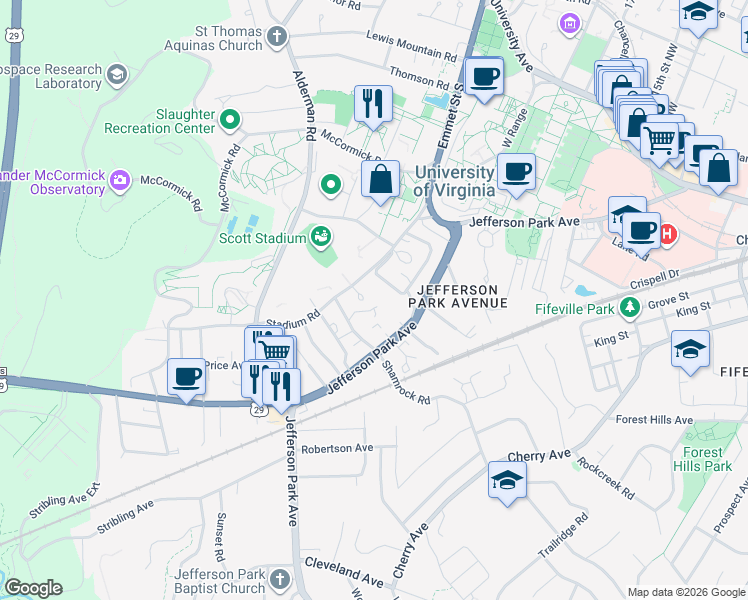 map of restaurants, bars, coffee shops, grocery stores, and more near 111 Chelsea Drive in Charlottesville