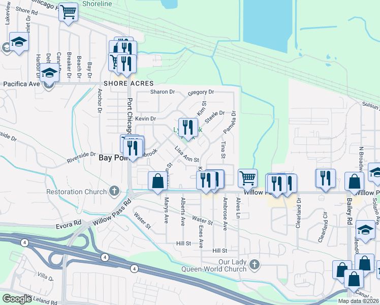 map of restaurants, bars, coffee shops, grocery stores, and more near 460 Lisa Ann Street in Bay Point